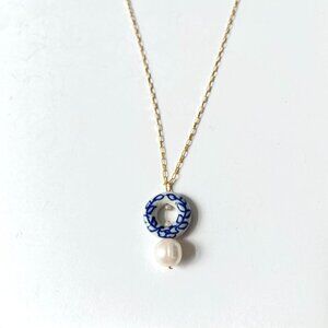 Msco Gold Filled Ceramic Real Pearl Pendant Link Chain Necklace Preppy Evening